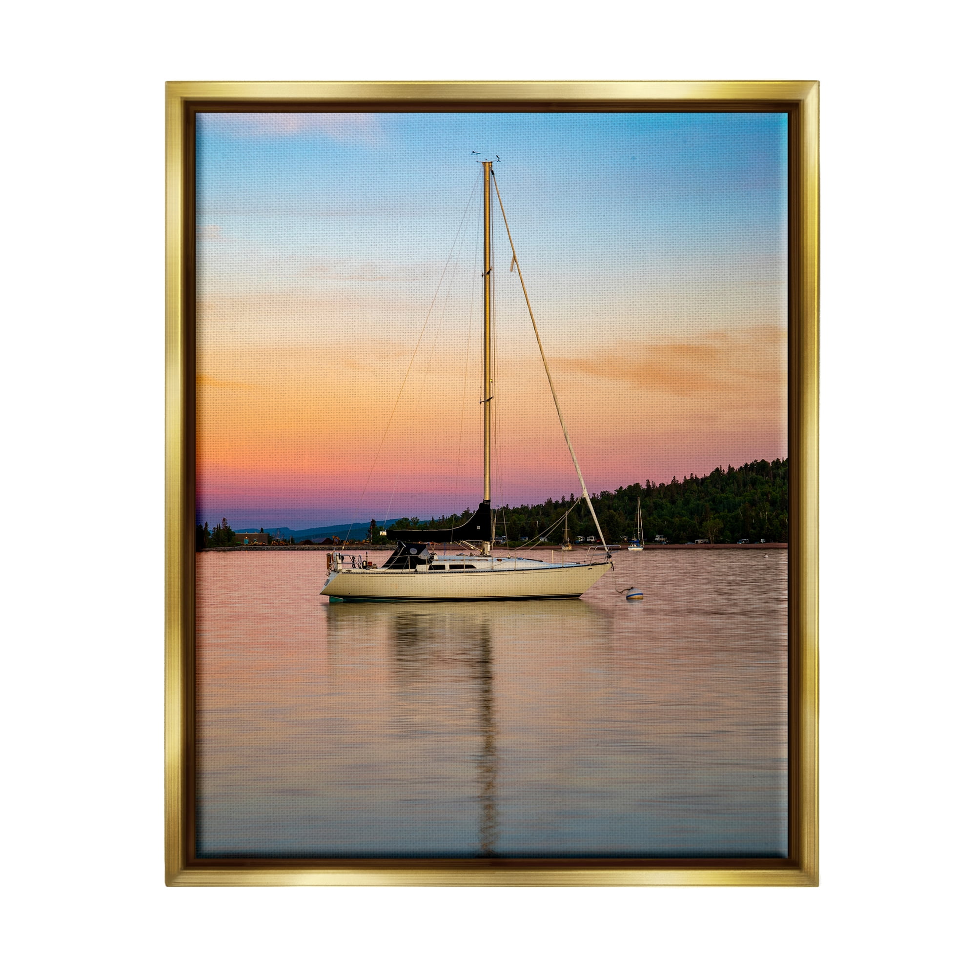 Stupell Industries Sunset Boat Photography Transportation Photography Gold Floater Framed Canvas Art Print Wall Art, 17 x 21