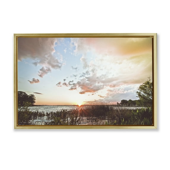 Stupell Industries Sunset Clouds Overlooking Beach Gold Framed Floater Canvas Wall Art design by BRUCE NAWROCKE, 17 x 25