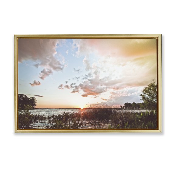 Stupell Industries Sunset Clouds Overlooking Beach Gold Framed Floater Canvas Wall Art design by BRUCE NAWROCKE, 21 x 31