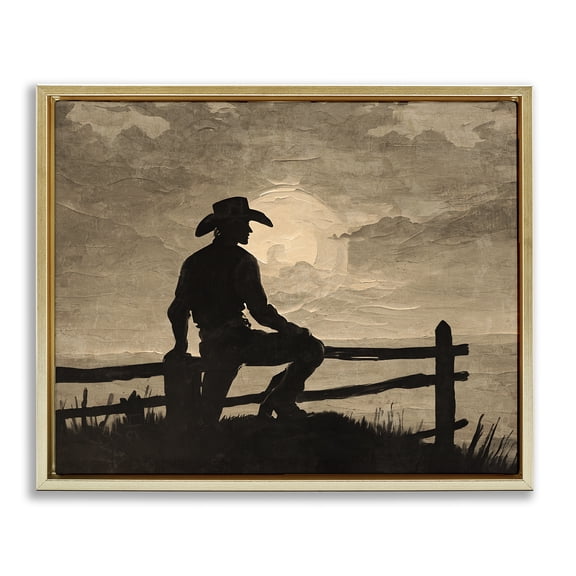 Stupell Industries Sunset Cowboy Fence Silhouette People Painting Gold Floater Framed Canvas Art Print Wall Art, 21 x 17