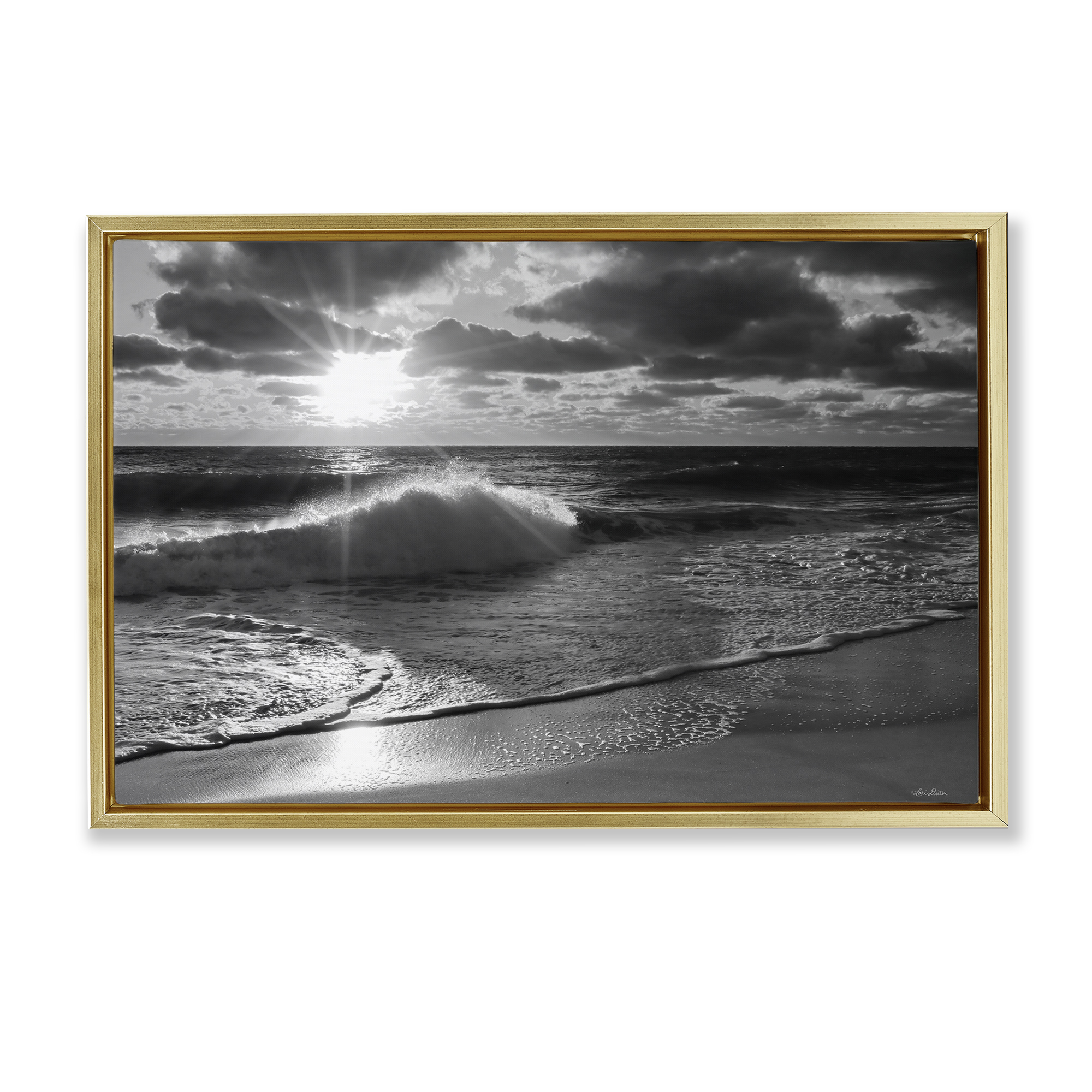 Stupell Industries Sunset Crashing Wave Landscape Photography Gold Floater Framed Canvas Art Print Wall Art, 25 x 17