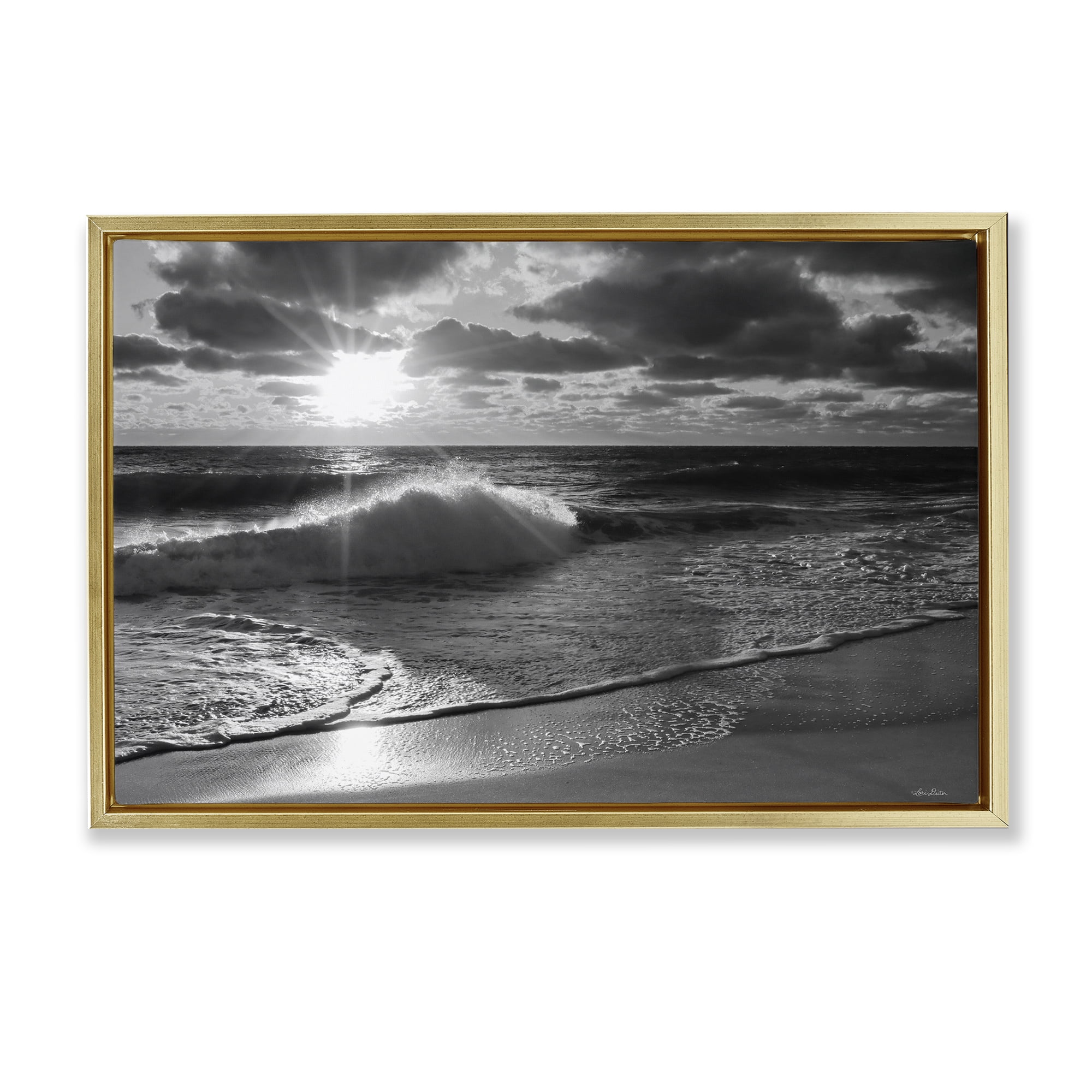 Stupell Industries Sunset Crashing Wave Landscape Photography Gold Floater Framed Canvas Art Print Wall Art, 31 x 21