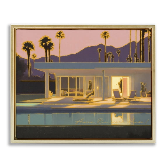 Stupell Industries Sunset Glow Summer Pool Landscape & Nature Painting Gold Floater Framed Canvas Art Print Wall Art, 21 x 17