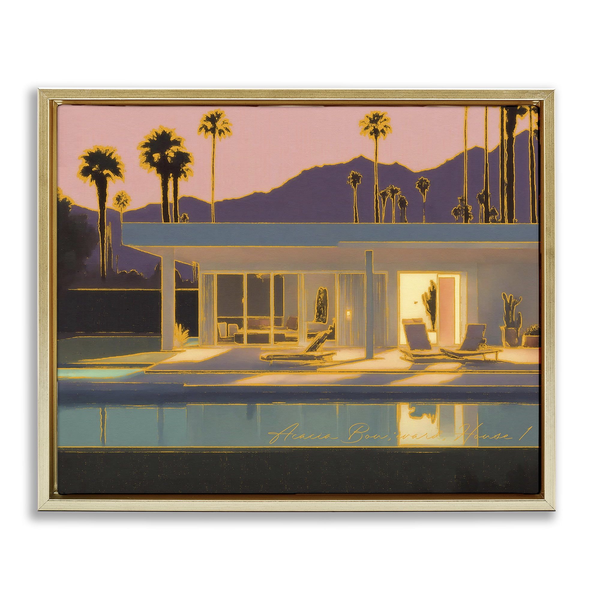 Stupell Industries Sunset Glow Summer Pool Landscape & Nature Painting Gold Floater Framed Canvas Art Print Wall Art, 31 x 25