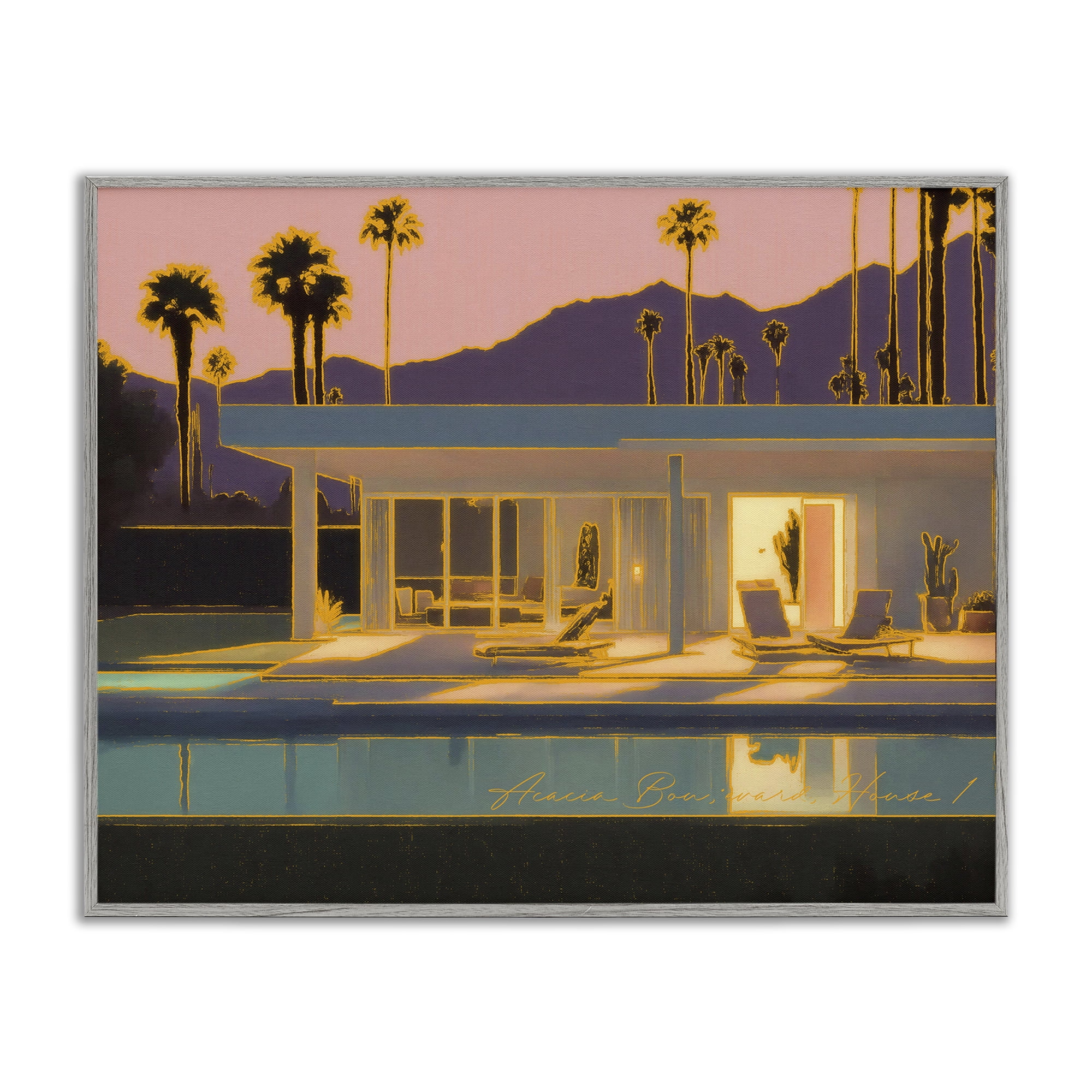 Stupell Industries Sunset Glow Summer Pool Landscape & Nature Painting Gray Framed Art Print Wall Art, 30 x 24