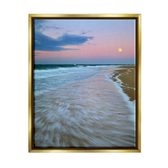 Stupell Industries Sunset Moon Warm Pink Beach Sky Coastal Photography Gold Floater Framed Art Print Wall Art