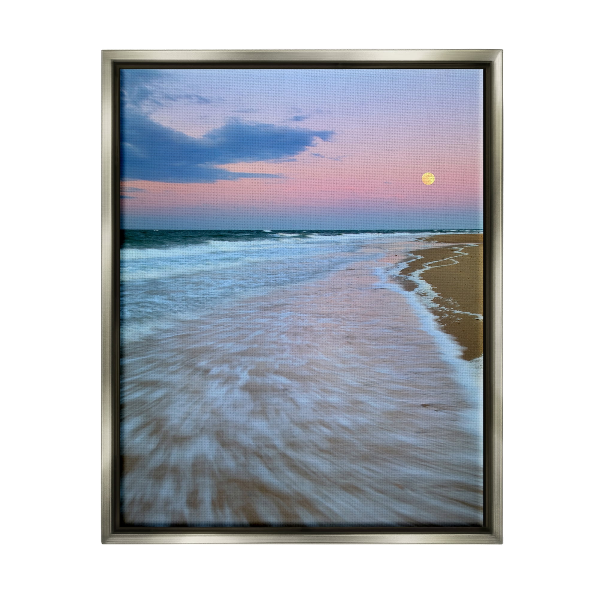 Stupell Industries Sunset Moon Warm Pink Beach Sky Coastal Photography Gray Floater Framed Art Print Wall Art