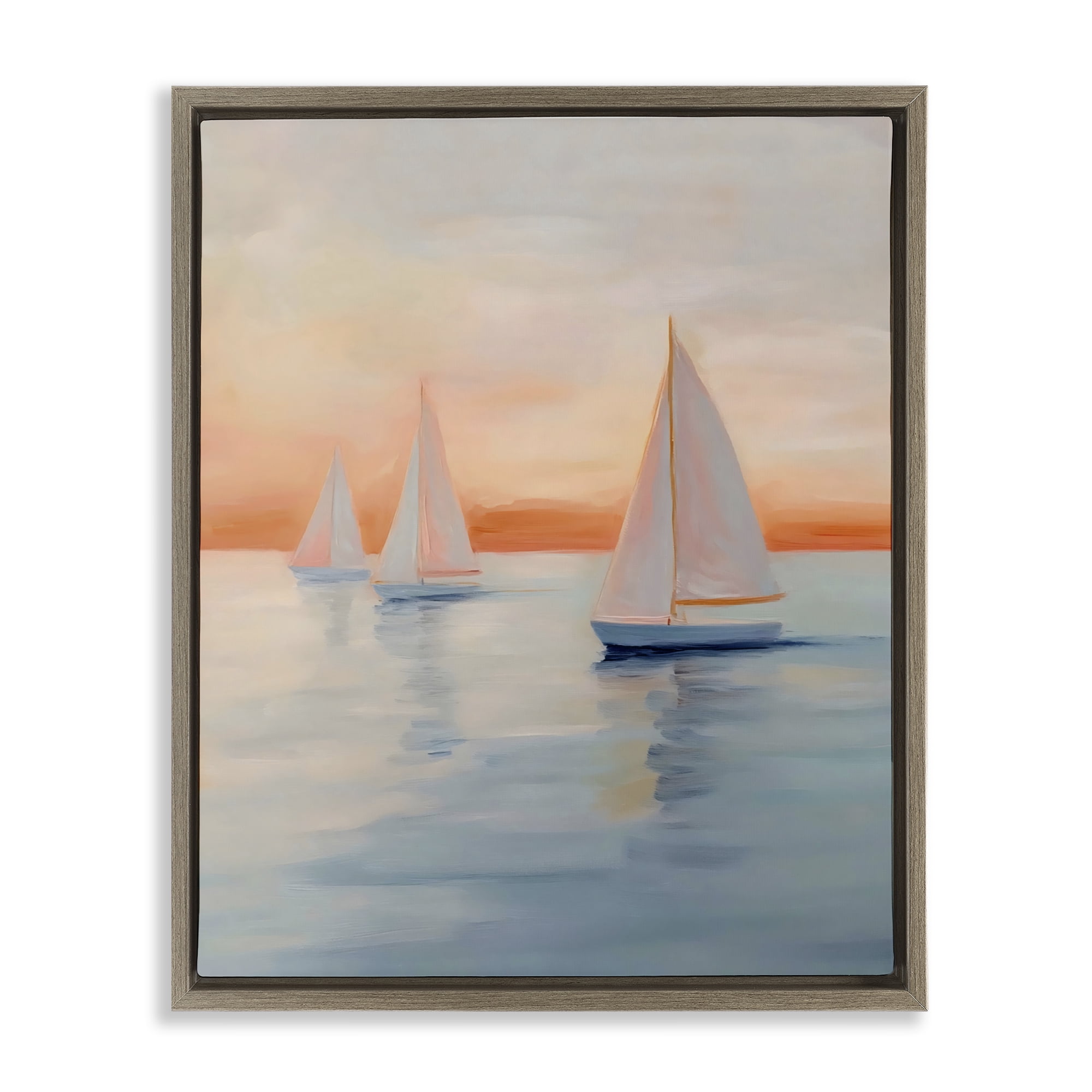Stupell Industries Sunset Sailboats Over Calm Sea Brown Framed Floater Canvas Wall Art, design by Creative Studio