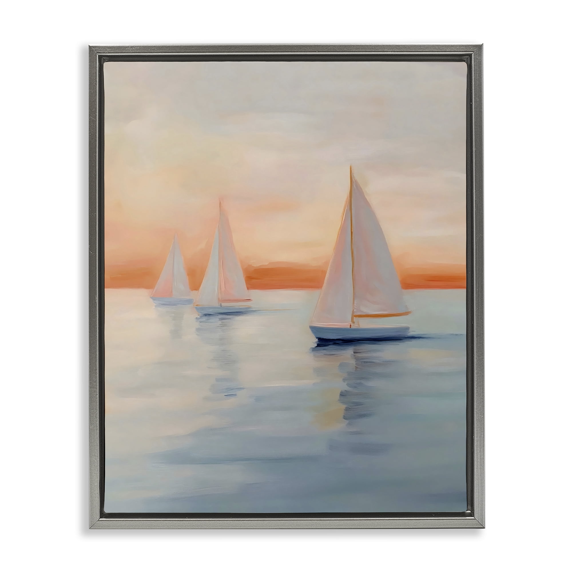 Stupell Industries Sunset Sailboats Over Calm Sea Gray Framed Floater Canvas Wall Art, design by Creative Studio