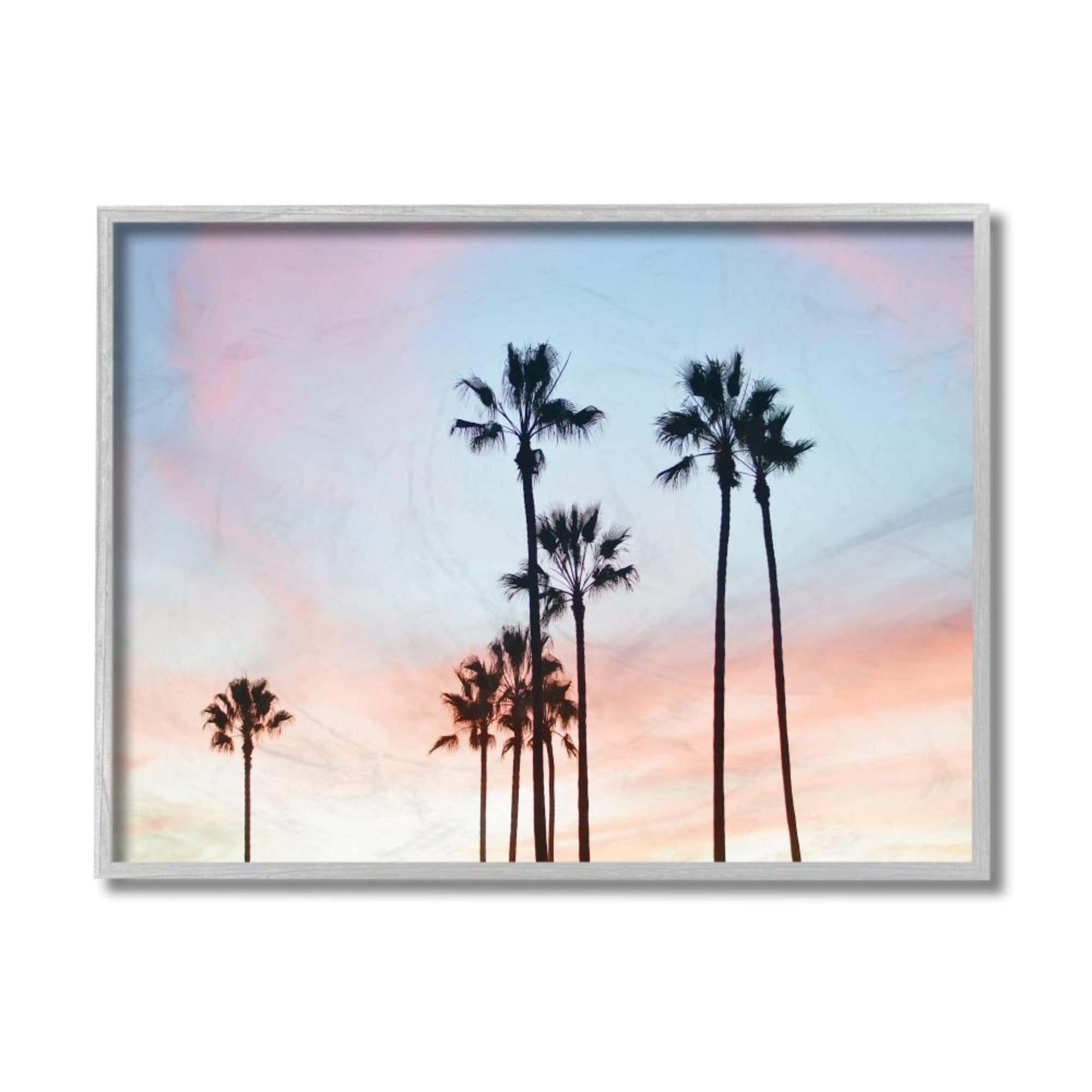 Sunset Sky Palm Tree Silhouettes Canvas Print with Gray Frame