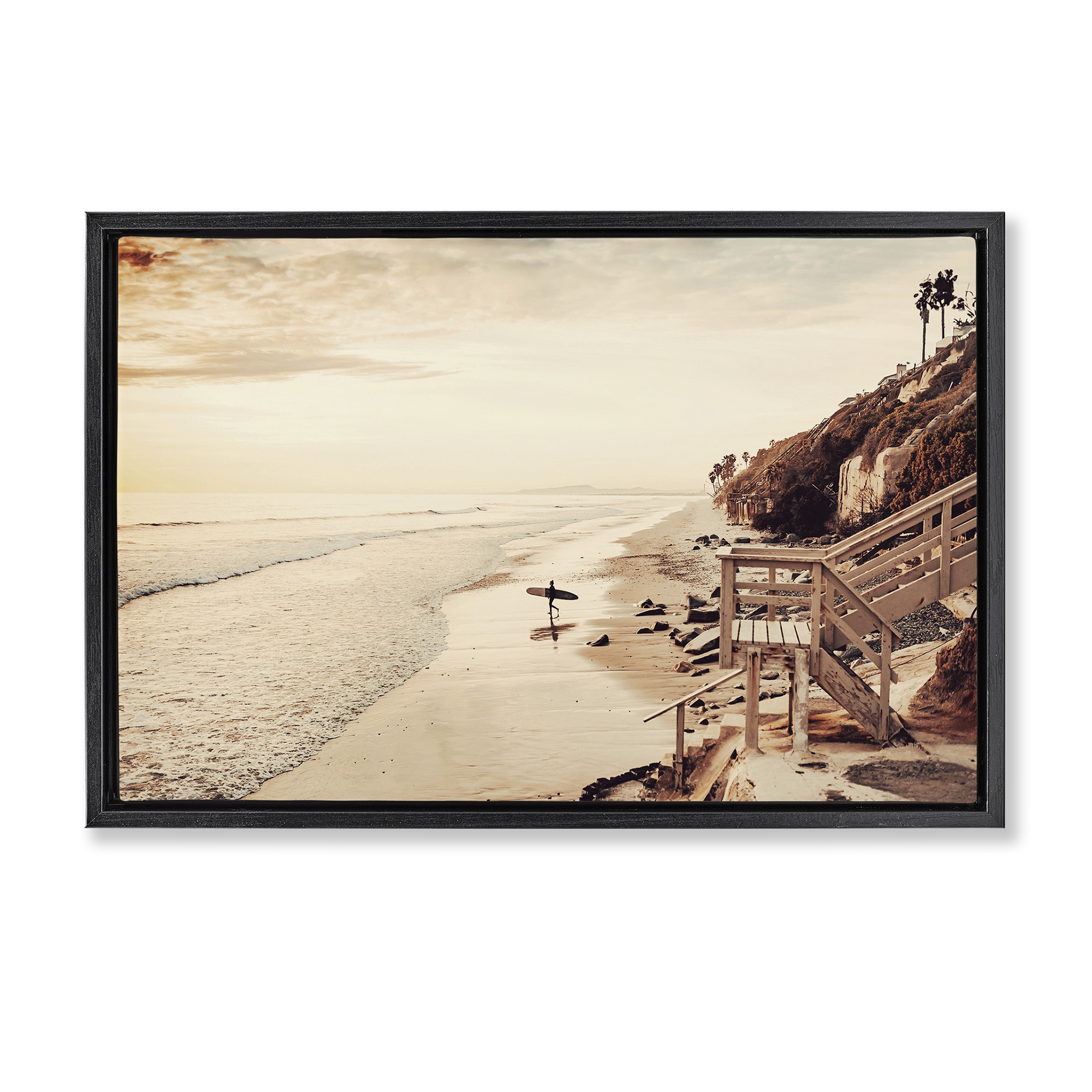 Stupell Industries Sunset & Surf Landscape Nautical & Beach Photography Black Floater Framed Canvas Art Print Wall Art, 31 x 21