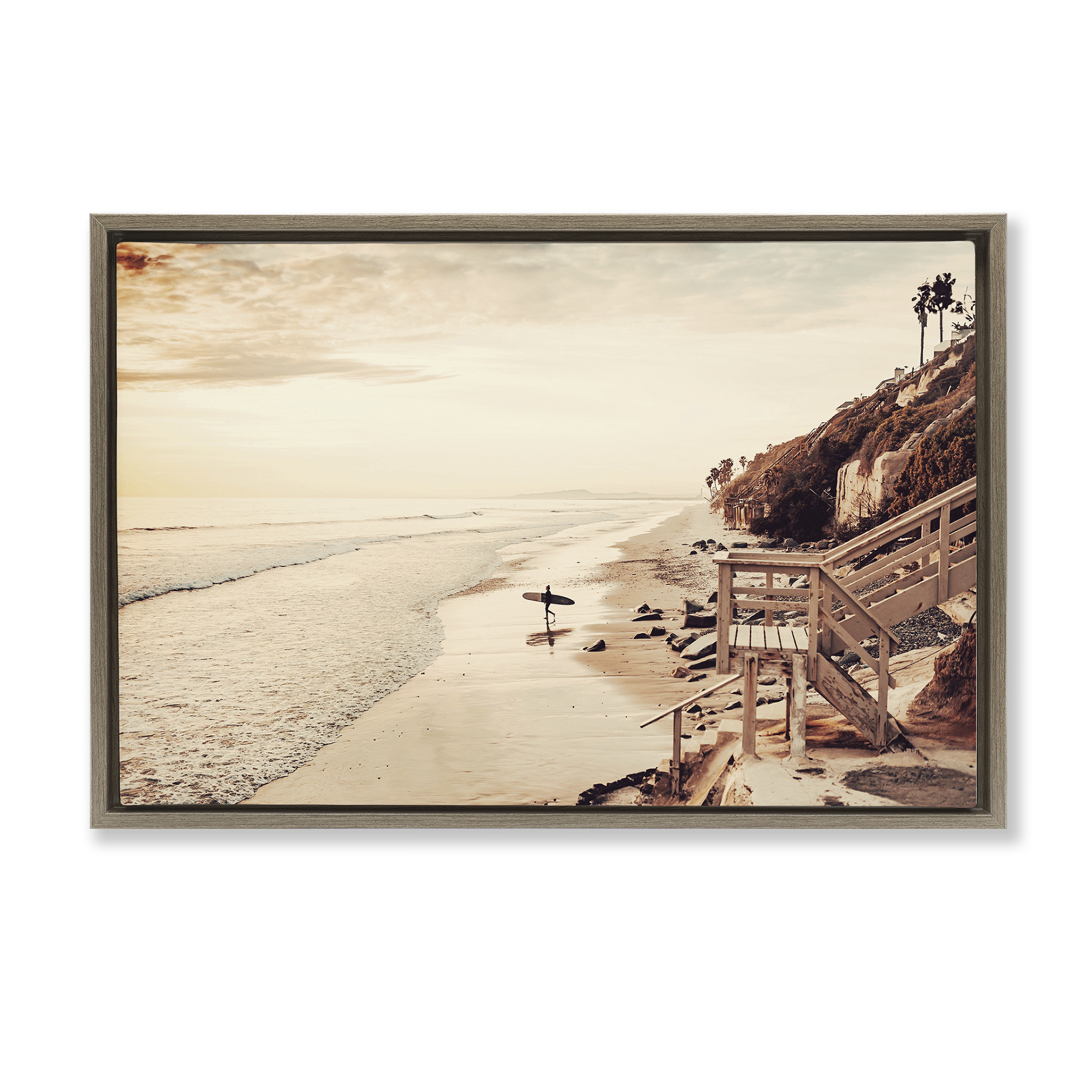 Stupell Industries Sunset & Surf Landscape Nautical & Beach Photography Brown Floater Framed Canvas Art Print Wall Art, 25 x 17