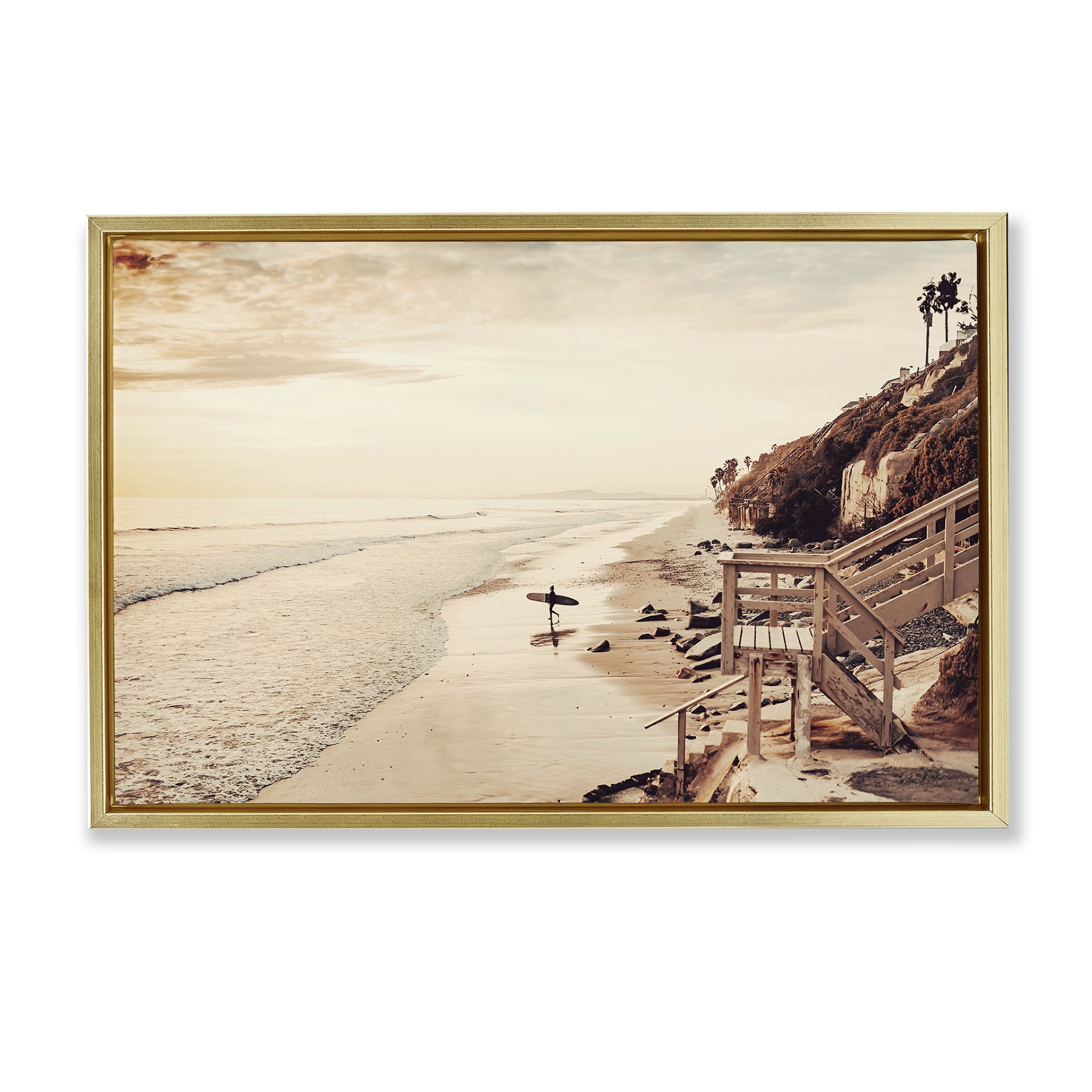 Stupell Industries Sunset & Surf Landscape Nautical & Beach Photography Gold Floater Framed Canvas Art Print Wall Art, 25 x 17