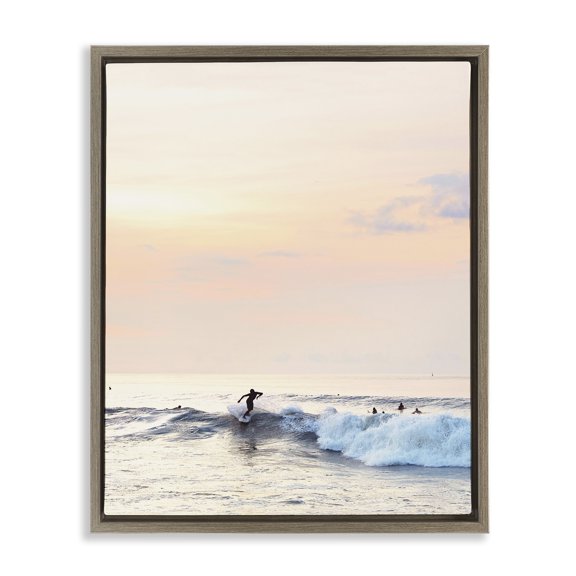 Stupell Industries Sunset Surfer Landscape Coastal Photography Brown Floater Framed Canvas Art Print Wall Art, 17 x 21