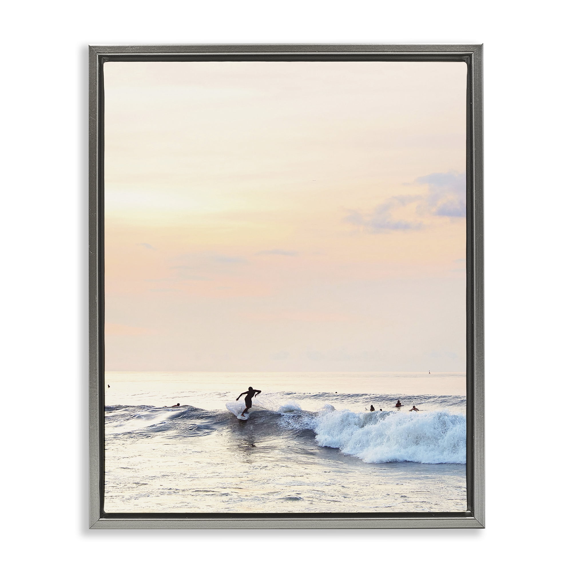 Stupell Industries Sunset Surfer Landscape Coastal Photography Gray Floater Framed Canvas Art Print Wall Art, 25 x 31