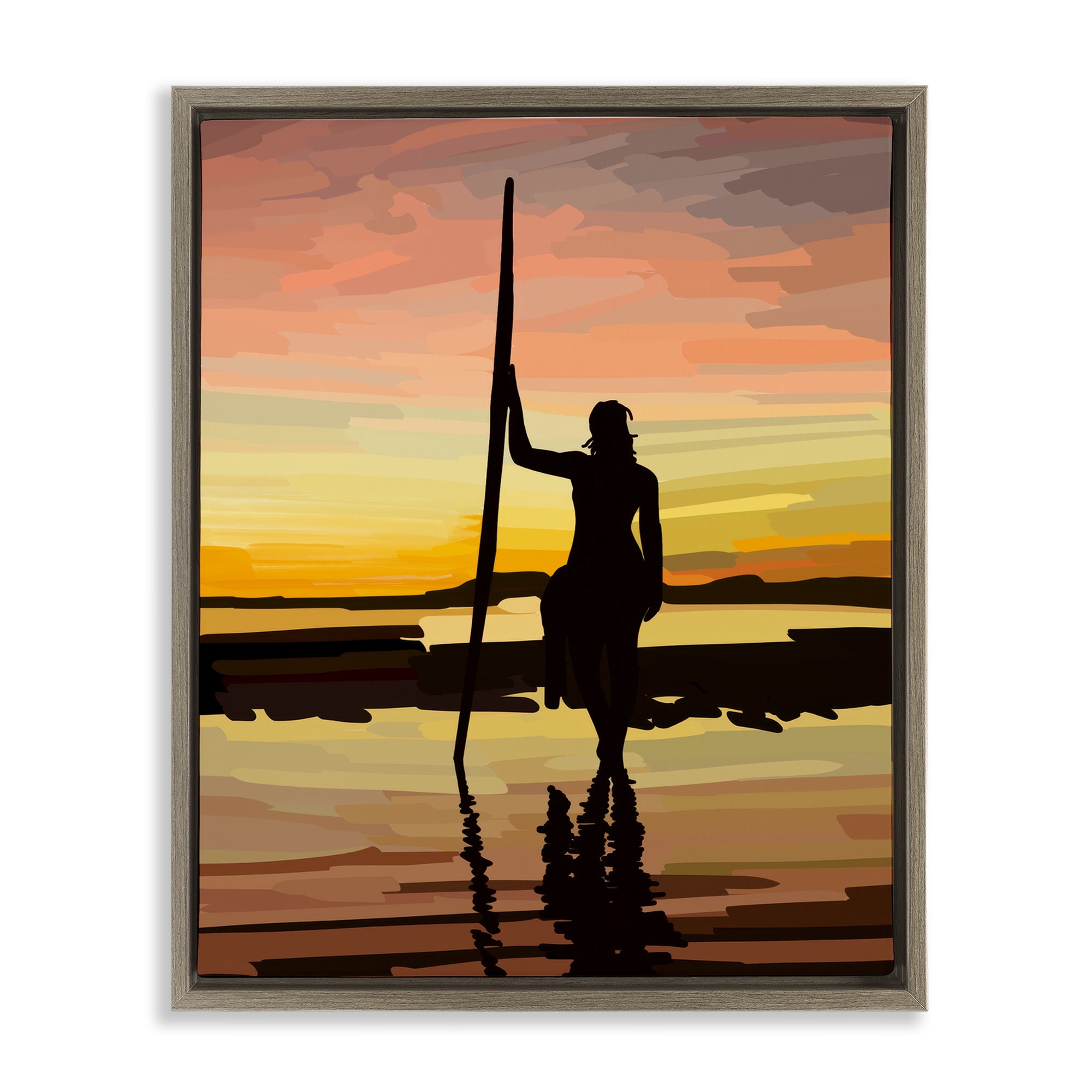 Stupell Industries Sunset Surfer Silhouette Nautical & Beach Painting Brown Floater Framed Canvas Art Print Wall Art, 25 x 31