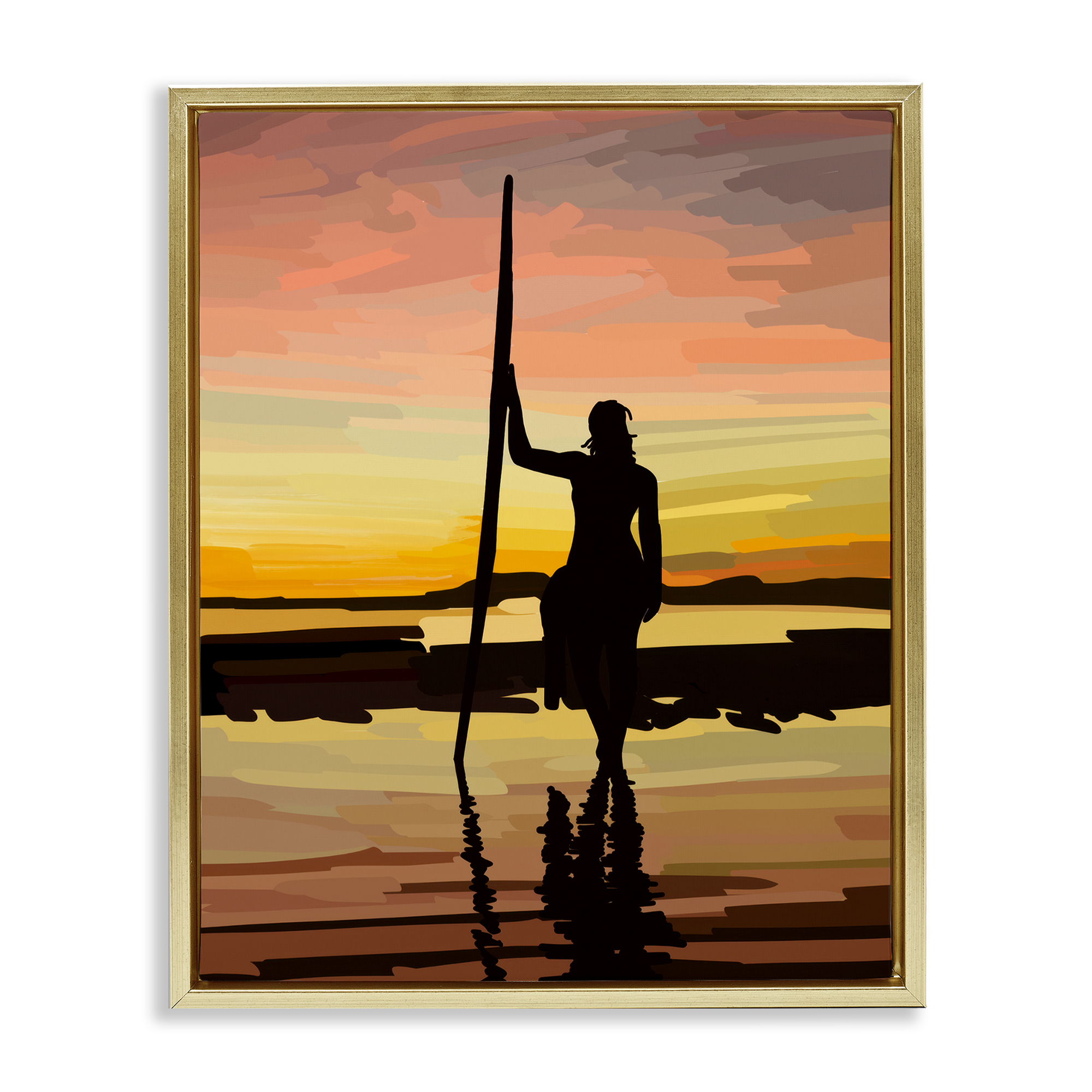 Stupell Industries Sunset Surfer Silhouette Nautical & Beach Painting Gold Floater Framed Canvas Art Print Wall Art, 25 x 31