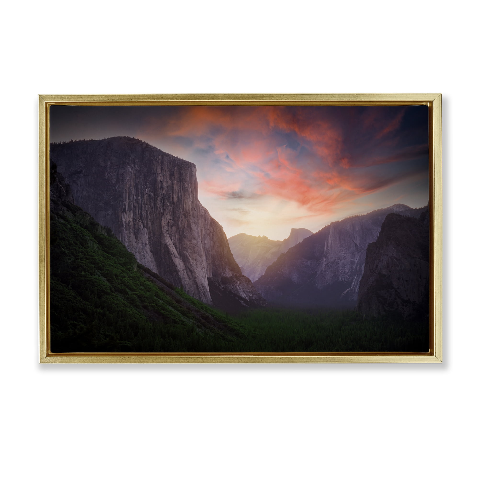 Stupell Industries Sunset Through Mountain Cliffs Landscape & Nature Photography Gold Floater Framed Canvas Art Print Wall Art, 25 x 17
