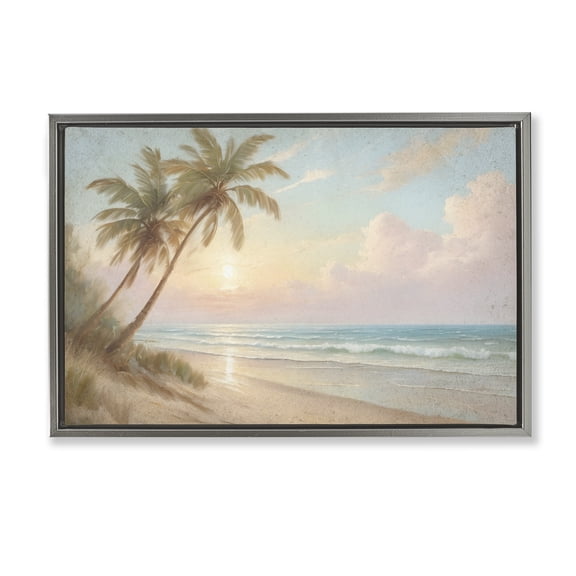 Stupell Industries Sunset View Beach Palms Beach Painting Gray Floater Framed Canvas Art Print Wall Art, 31 x 21