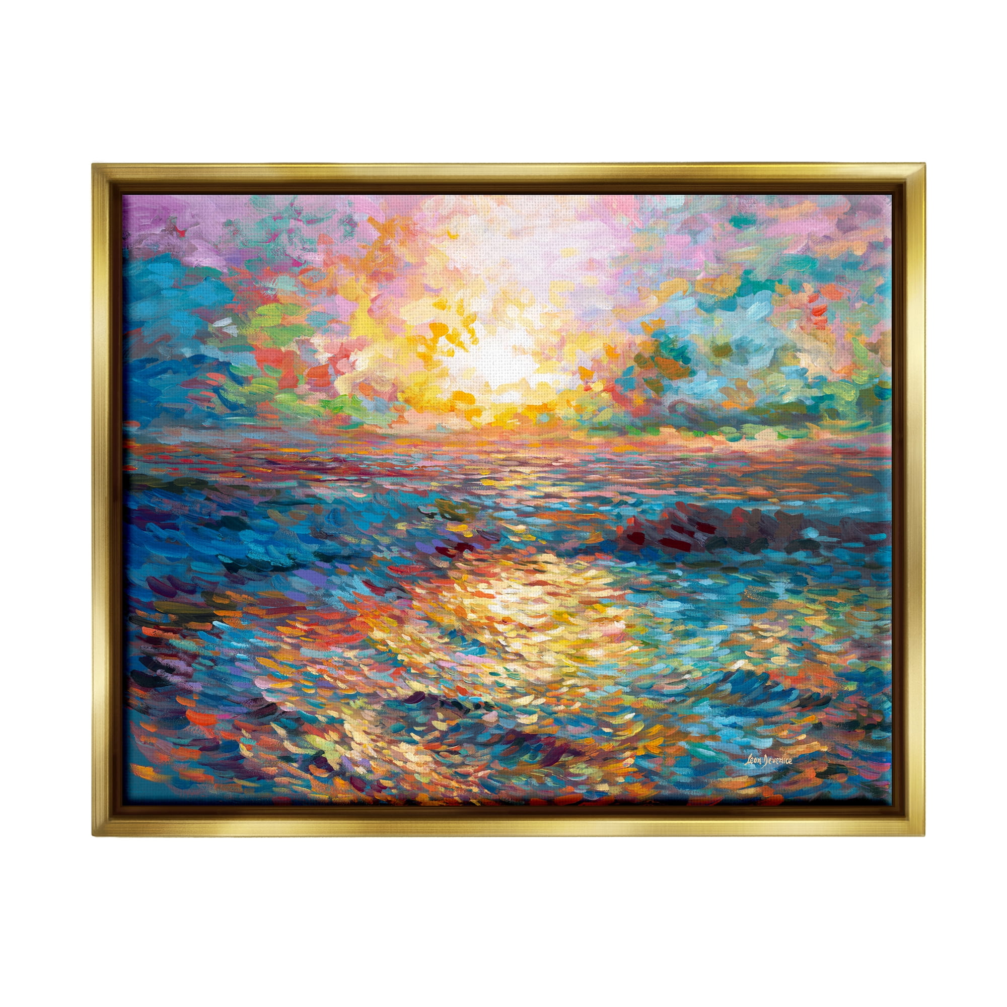 Stupell Industries Sunset in Mykonos Beach Landscape Painting Gold Floater Framed Canvas Art Print Wall Art, 31 x 25