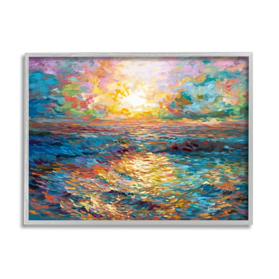 Stupell Industries Sunset in Mykonos Beach Landscape Painting Gray Framed Art Print Wall Art, 20 x 16