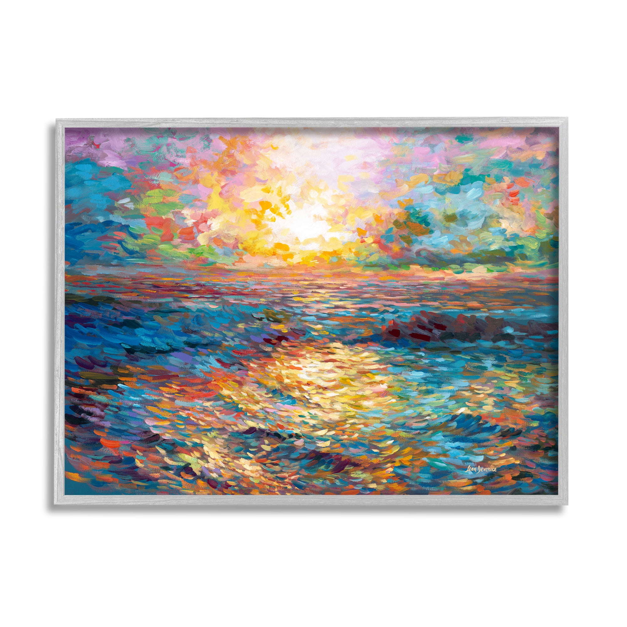 Stupell Industries Sunset in Mykonos Beach Landscape Painting Gray Framed Art Print Wall Art, 30 x 24