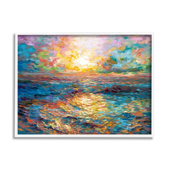 Stupell Industries Sunset in Mykonos Beach Landscape Painting White Framed Art Print Wall Art, 14 x 11