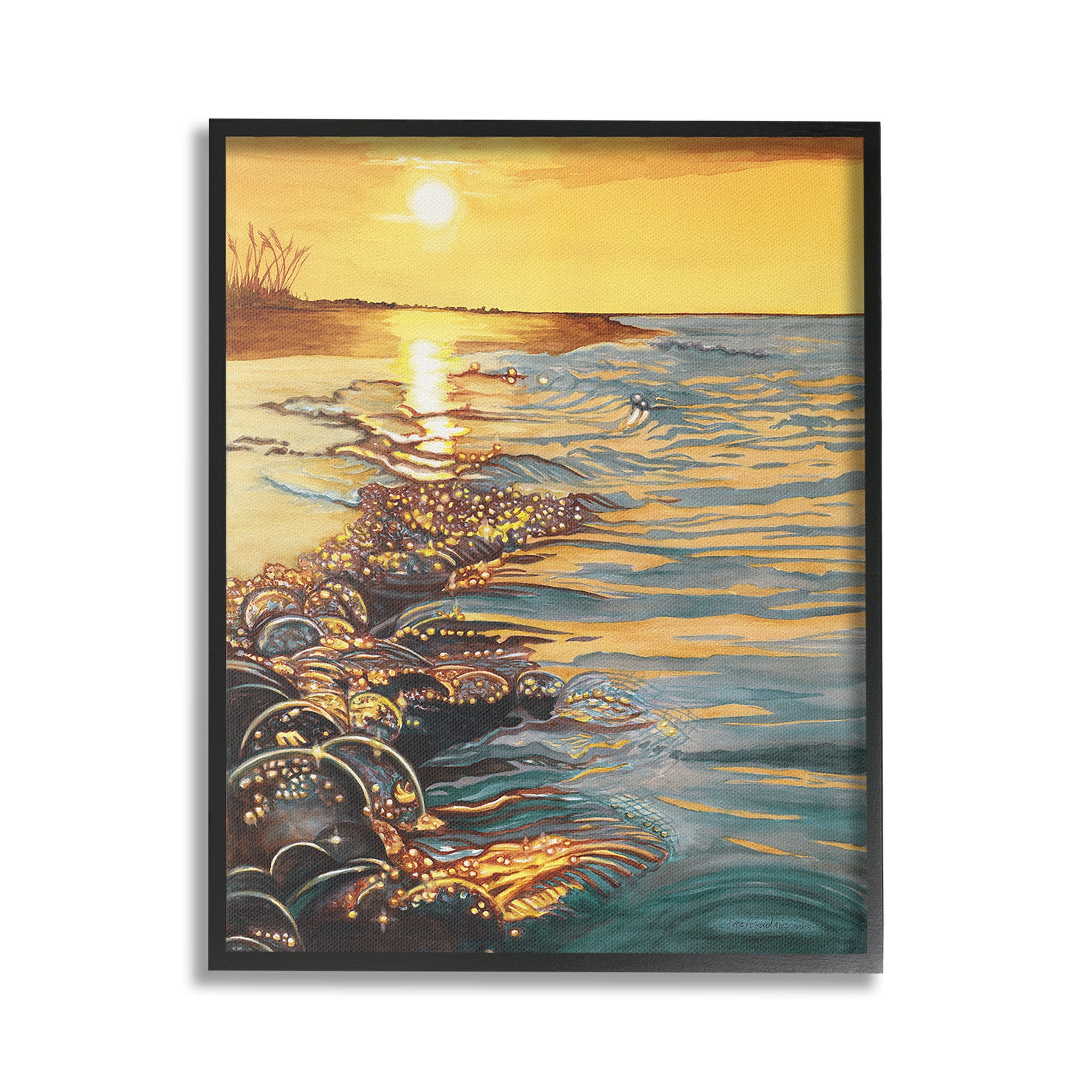 Stupell Industries Sunset over Beach Ripples Landscape Painting Black Framed Art Print Wall Art, 24 x 30