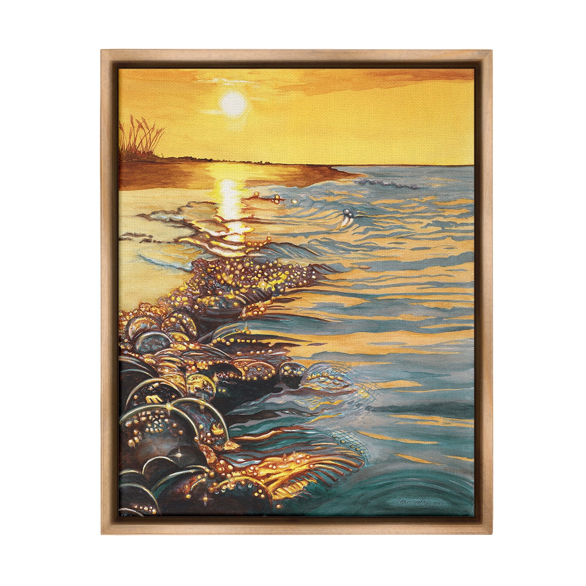 Stupell Industries Sunset over Beach Ripples Landscape Painting Brown Floater Framed Canvas Art Print Wall Art, 25 x 31