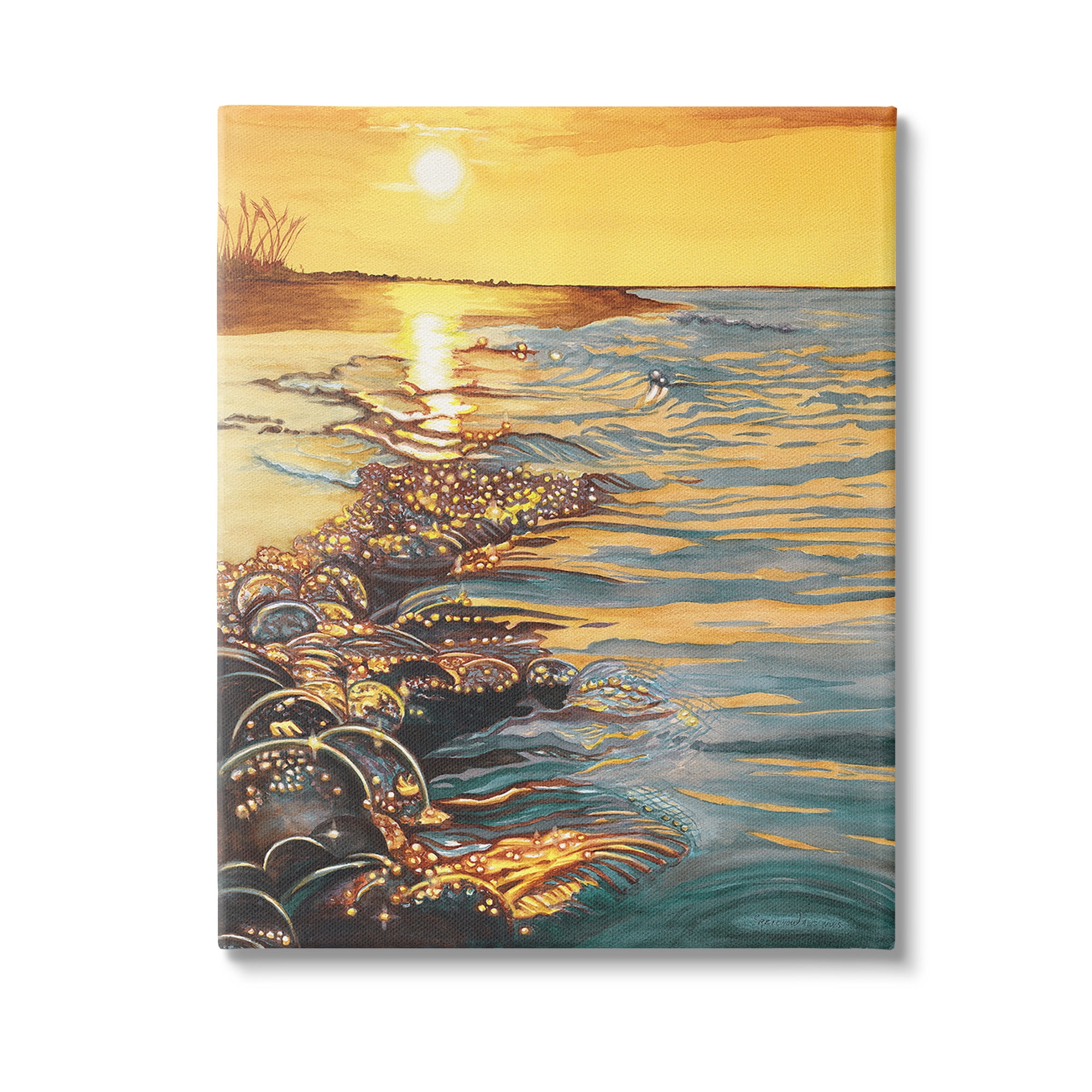 Stupell Industries Sunset over Beach Ripples Landscape Painting Gallery Wrapped Canvas Art Print Wall Art, 16 x 20
