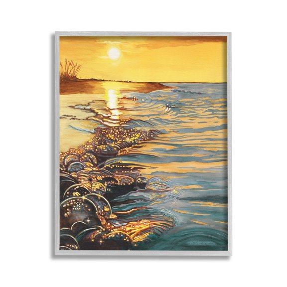 Stupell Industries Sunset over Beach Ripples Landscape Painting Gray Framed Art Print Wall Art, 11 x 14