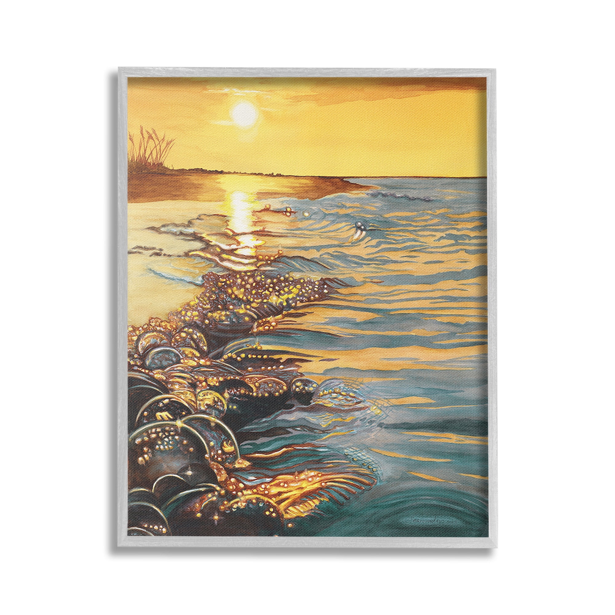Stupell Industries Sunset over Beach Ripples Landscape Painting Gray Framed Art Print Wall Art, 16 x 20
