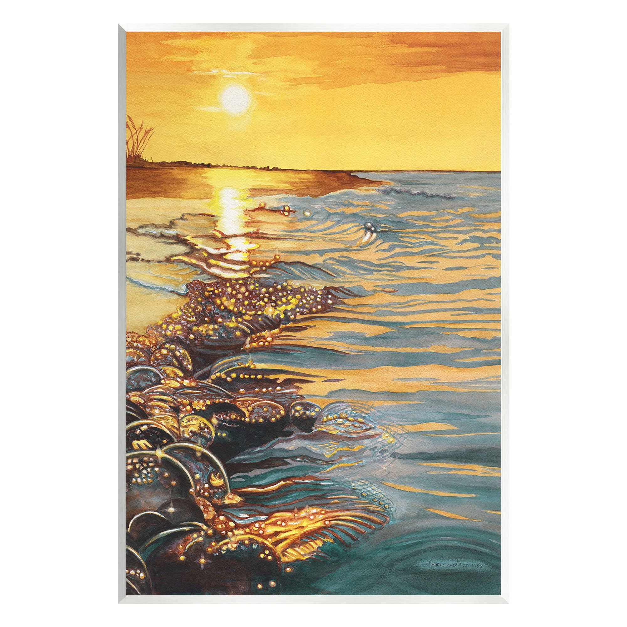 Stupell Industries Sunset over Beach Ripples Landscape Painting Unframed Art Print Wall Art, 13 x 19