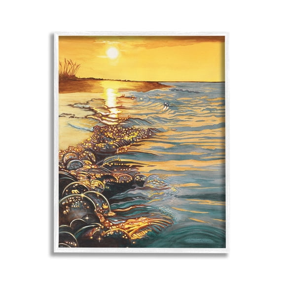 Stupell Industries Sunset over Beach Ripples Landscape Painting White Framed Art Print Wall Art, 11 x 14