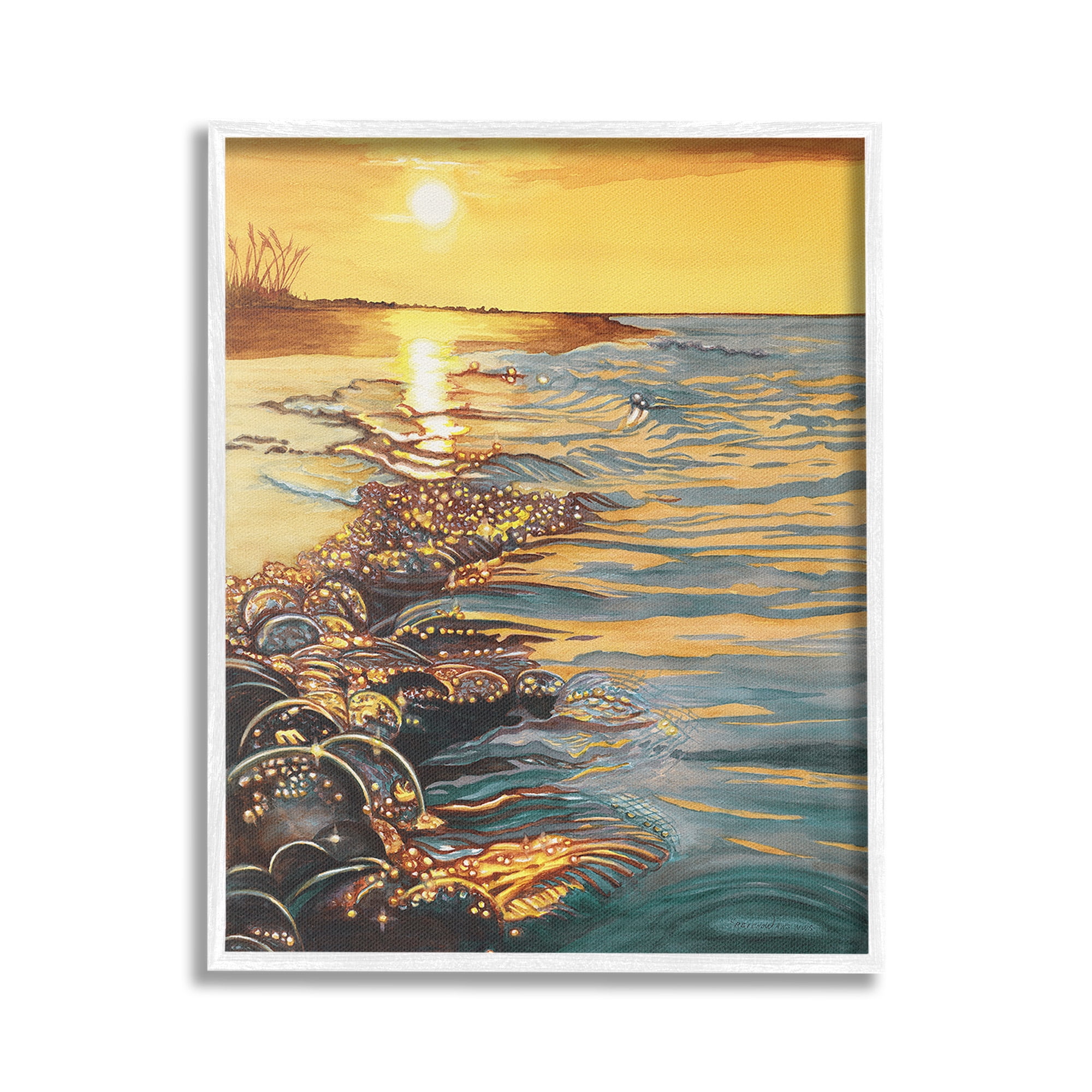 Stupell Industries Sunset over Beach Ripples Landscape Painting White Framed Art Print Wall Art, 16 x 20