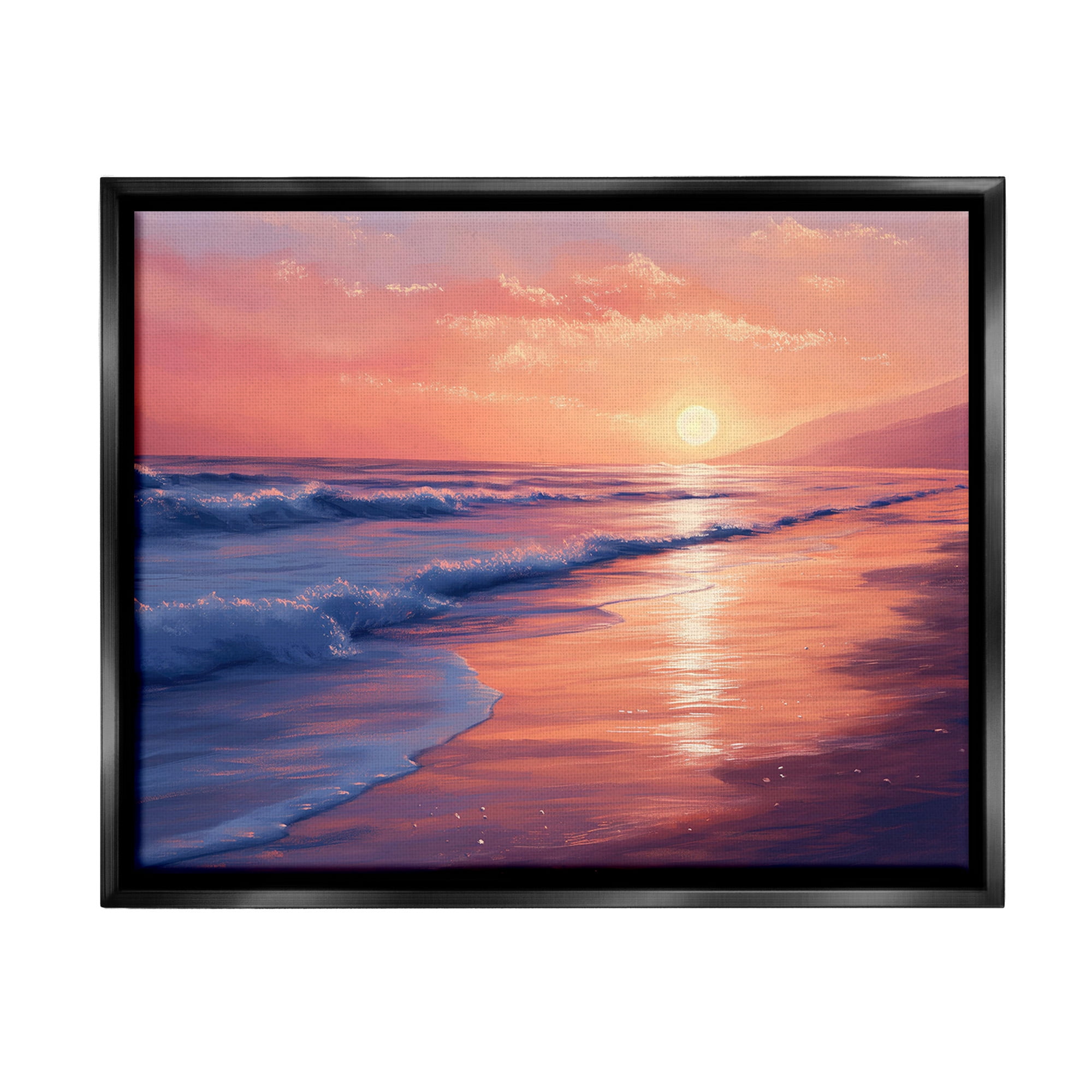 Stupell Industries Sunset over Beach Waves Landscape Photography Black Floater Framed Canvas Art Print Wall Art, 31 x 25