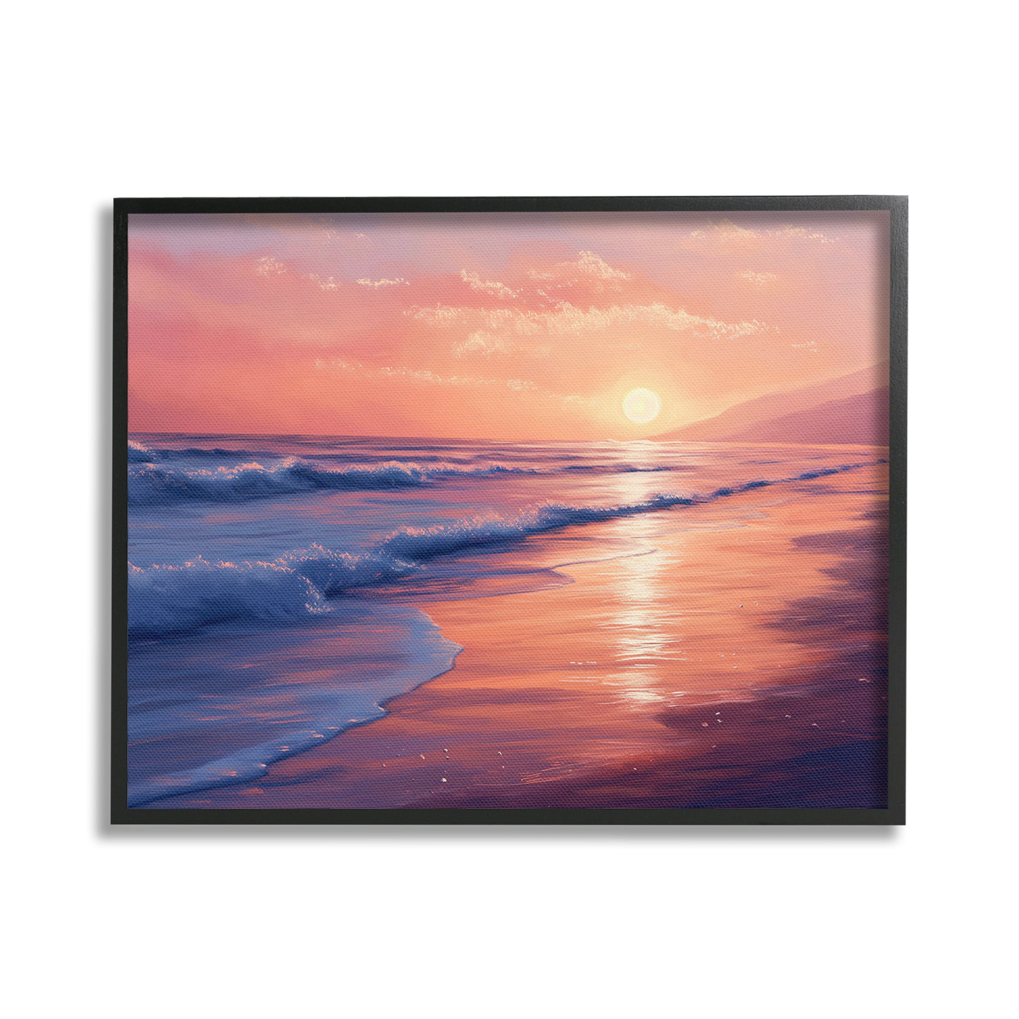 Stupell Industries Sunset over Beach Waves Landscape Photography Black Framed Art Print Wall Art, 20 x 16