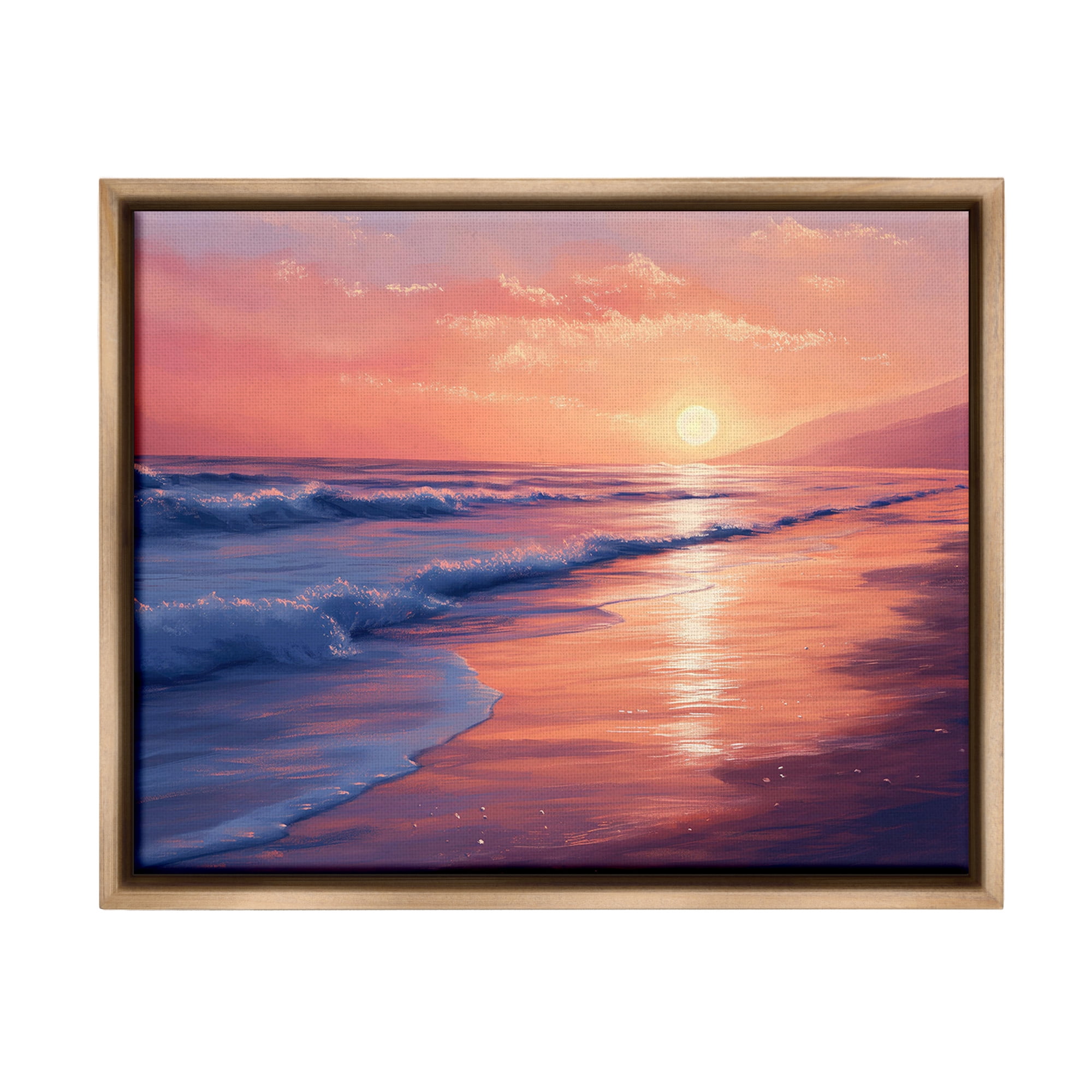 Stupell Industries Sunset over Beach Waves Landscape Photography Brown Floater Framed Canvas Art Print Wall Art, 31 x 25