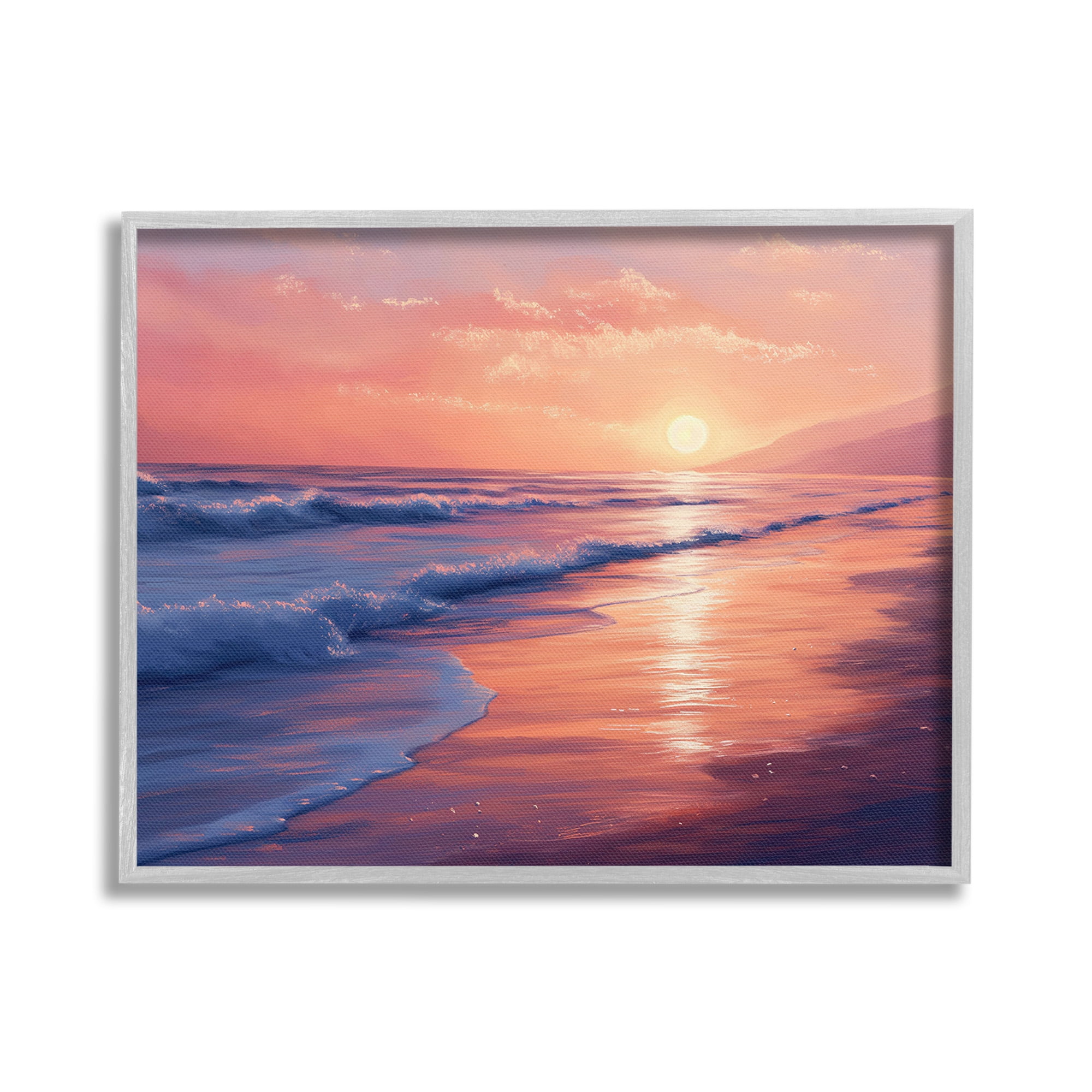 Stupell Industries Sunset over Beach Waves Landscape Photography Gray Framed Art Print Wall Art, 20 x 16