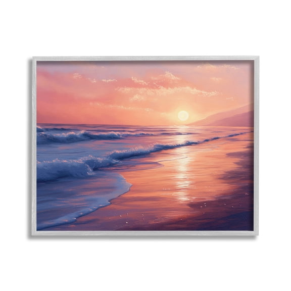 Stupell Industries Sunset over Beach Waves Landscape Photography Gray Framed Art Print Wall Art, 30 x 24