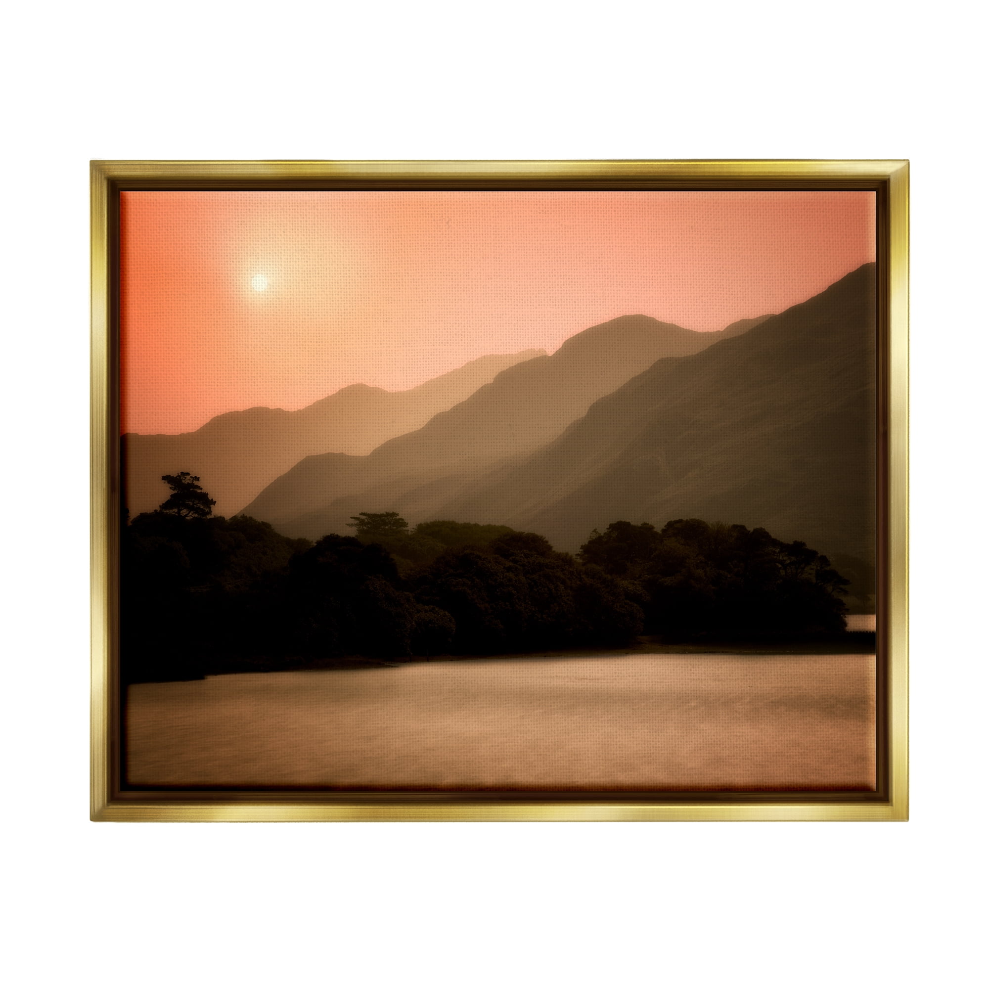 Stupell Industries Sunset over Mountain Peaks Nature Photography Gold Floater Framed Art Print Wall Art, 21 x 17