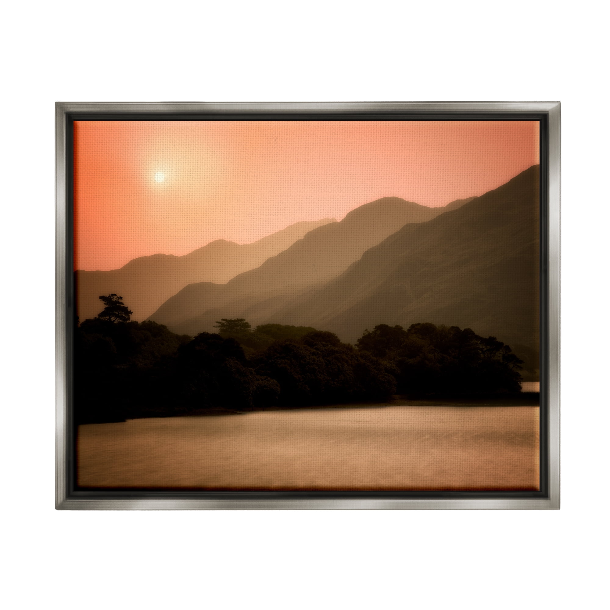 Stupell Industries Sunset over Mountain Peaks Nature Photography Gray Floater Framed Art Print Wall Art, 21 x 17