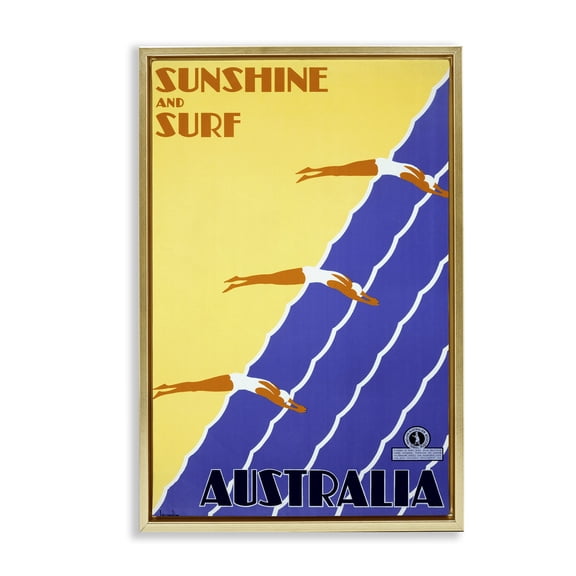 Stupell Industries Sunshine & Surf Australia People Painting Gold Floater Framed Canvas Art Print Wall Art, 21 x 31