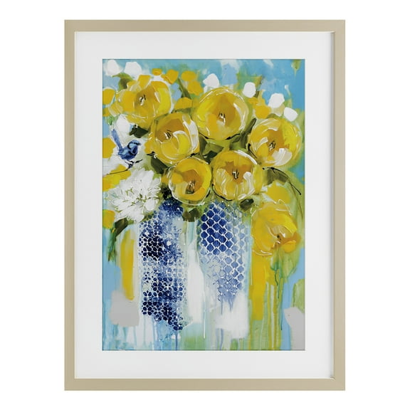 Stupell Industries Sunshine Yellow Flowers Birch Framed Print Under Glass design by Amanda Brooks, 20 x 14