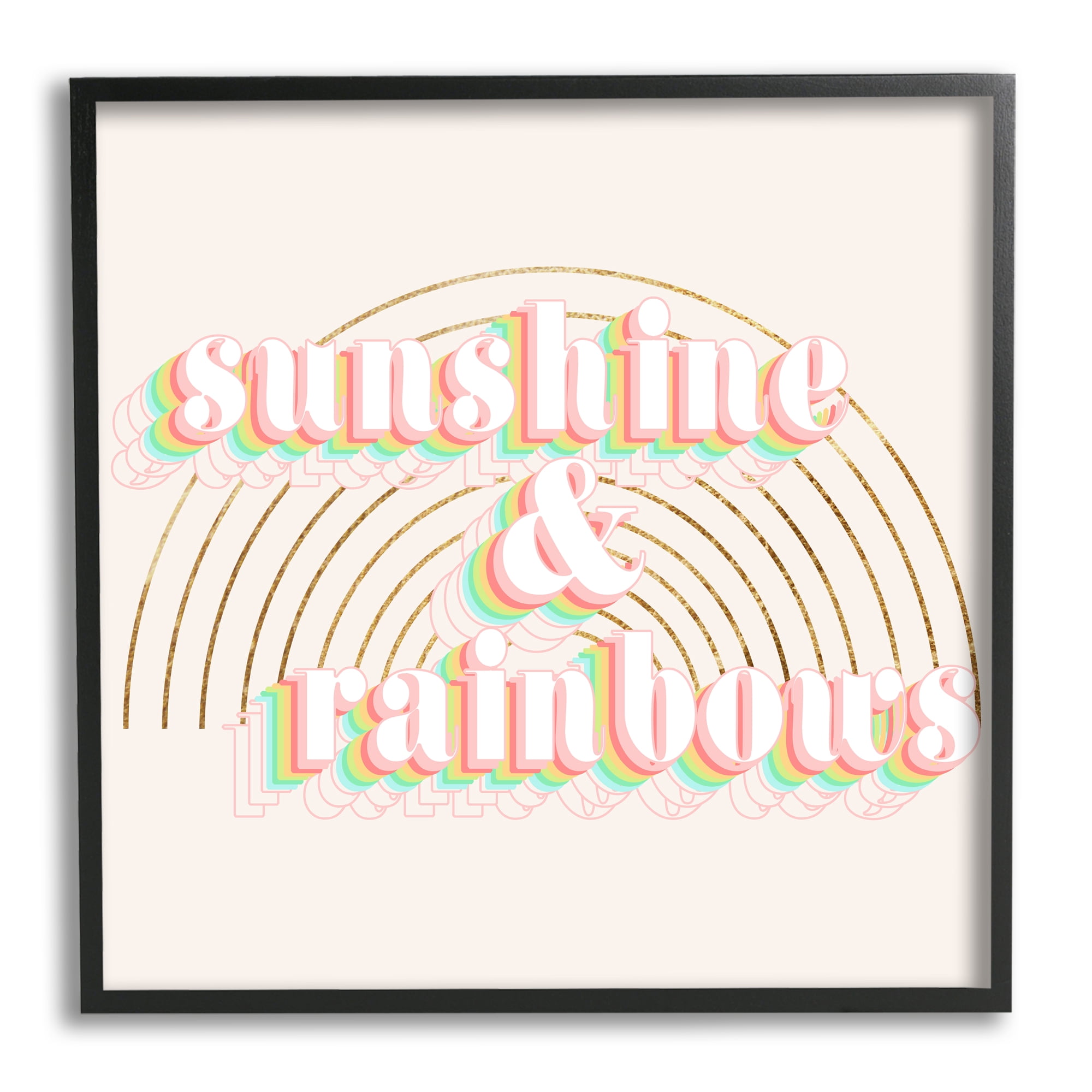 Stupell Industries Sunshine and Rainbows Retro Typography Pop Round Arches Typography Painting Black Framed Art Print Wall Art, 24 x 24