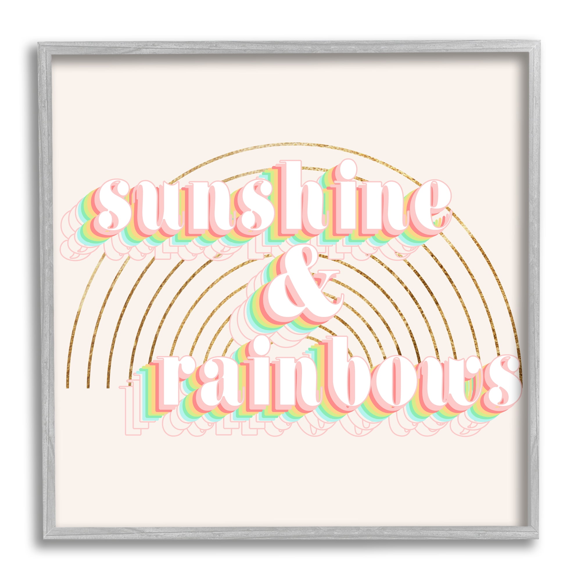 Stupell Industries Sunshine and Rainbows Retro Typography Pop Round Arches Typography Painting Gray Framed Art Print Wall Art, 12 x 12