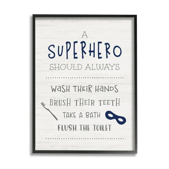 Stupell Industries Superhero Bathroom Rules Good Hygiene Phrases Blue Mask Typography Painting Black Framed Art Print Wall Art, 11 x 14
