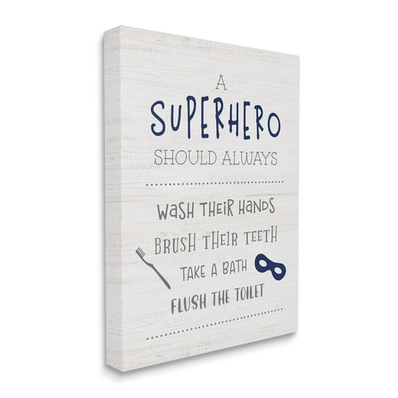 Stupell Industries Superhero Bathroom Rules Good Hygiene Phrases Blue Mask Typography Painting Gallery Wrapped Canvas Print Wall Art, 16 x 20