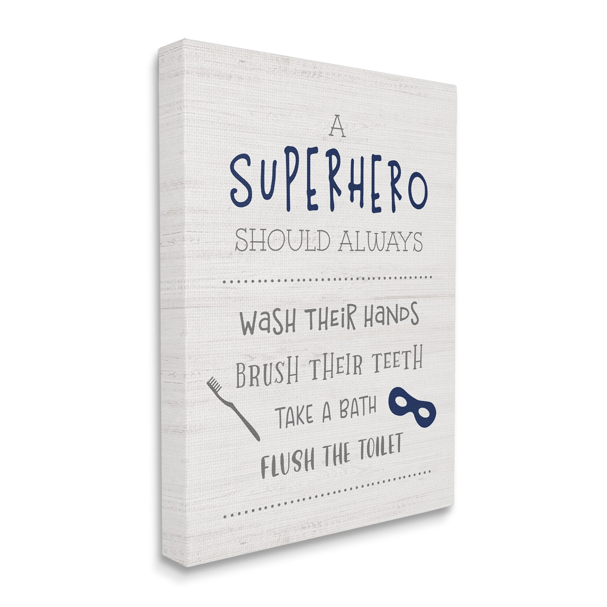 Stupell Industries Superhero Bathroom Rules Good Hygiene Phrases Blue Mask Typography Painting Gallery Wrapped Canvas Print Wall Art, 30 x 40