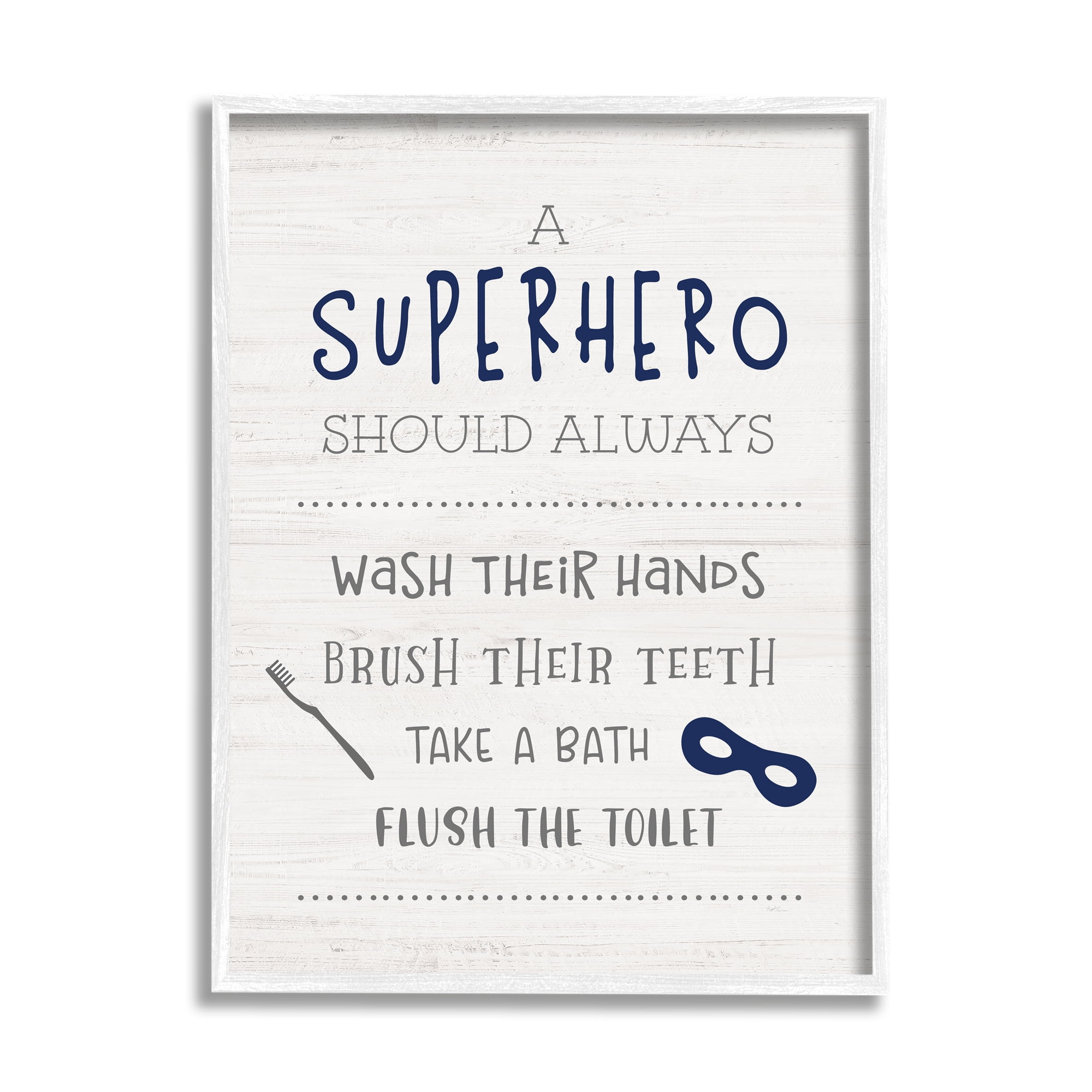 Stupell Industries Superhero Bathroom Rules Good Hygiene Phrases Blue Mask Typography Painting White Framed Art Print Wall Art, 11 x 14